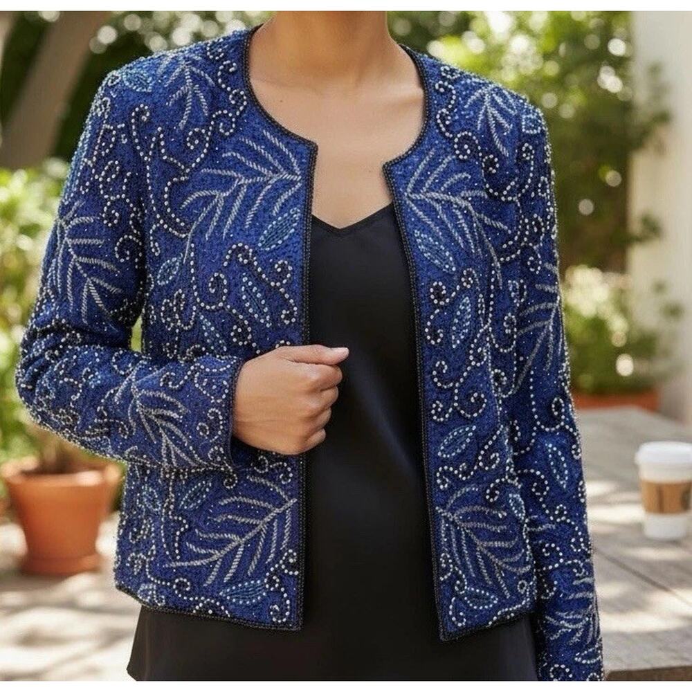 Vintage Stenay M Formal Royal Blue Beaded Silk Jacket Special Occasion NWT